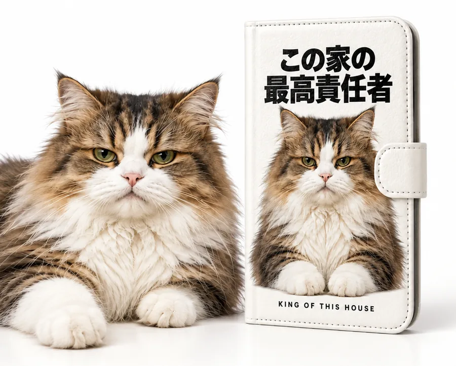 ムスッとした猫と、その猫の写真に「この家の最高責任者」の文字を入れた手帳型ケースのイメージ